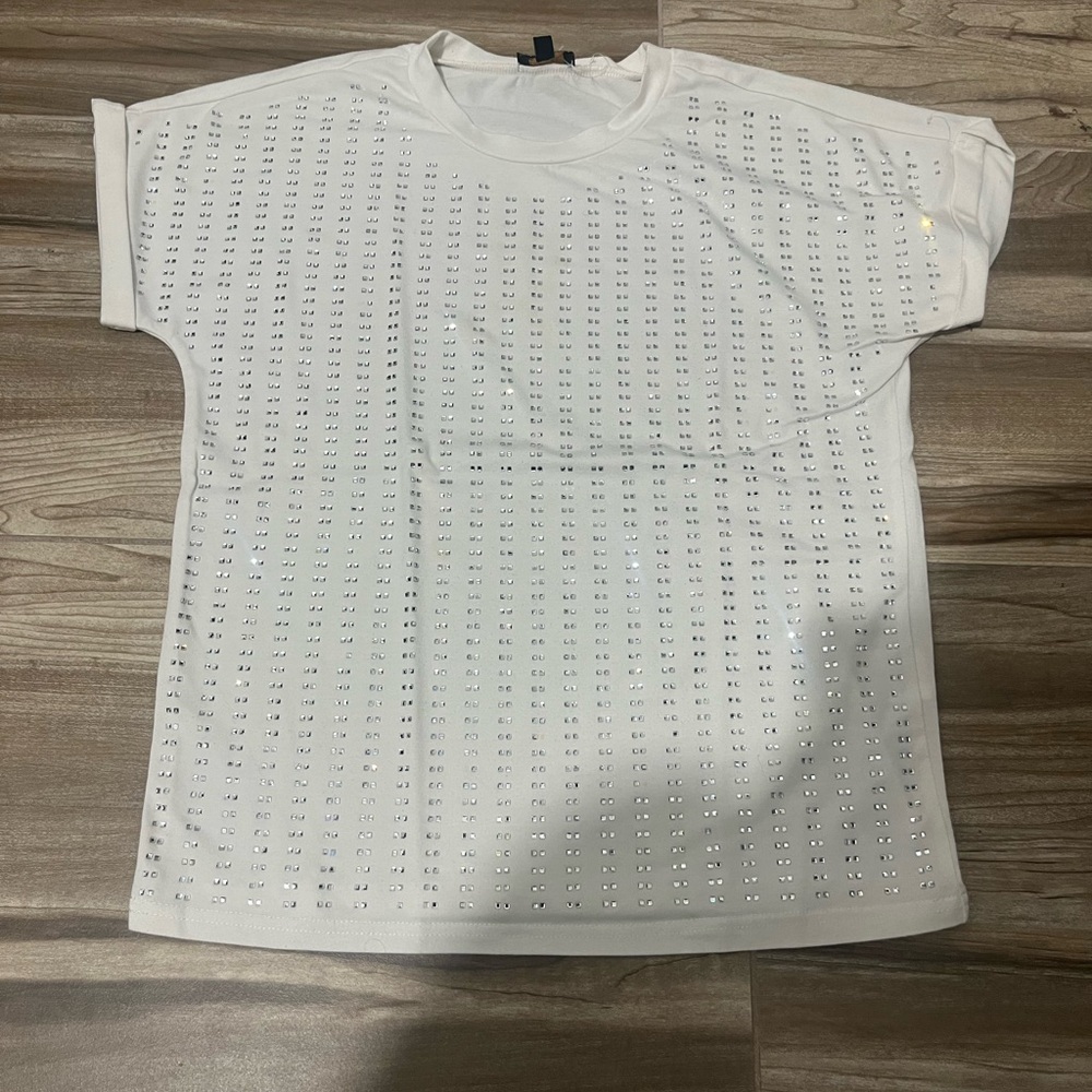 White womens Short Sleeve Tee with Studded Embellishment
